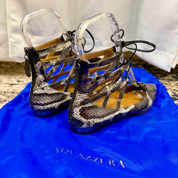Aquazzura ‘Belgravia’ Two-Tone Snakeskin Ankle-Tie Flats Size 11 ASO Duchess Meg - Picture 9 of 16